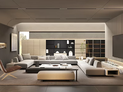 Modern Living Room Interior With Spacious Sofas Coffee Table And Ottoman 3d model