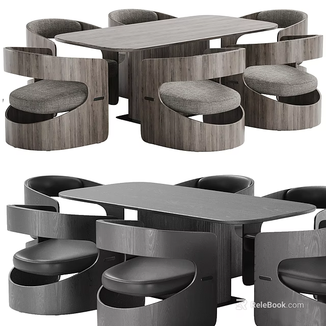Modern Wooden Dining Table Set With Four Curved Upholstered Chairs Design 3d model 