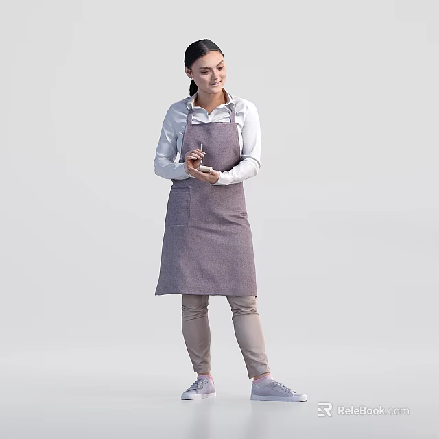 A Casual Woman Wearing Gray Apron Holding Notebook And Pen Standing Calmly 3d model 