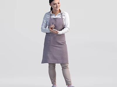 A Casual Woman Wearing Gray Apron Holding Notebook And Pen Standing Calmly 3d model