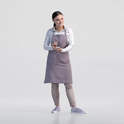 A Casual Woman Wearing Gray Apron Holding Notebook And Pen Standing Calmly 3d model