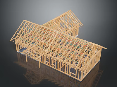 Wooden House Frame Structure With Roof Trusses And Floor Joists 3d model