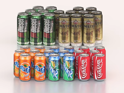 Variety Of Canned Beverages Featuring Diesel Mister Mirinda Sprite Coca Cola 3d model
