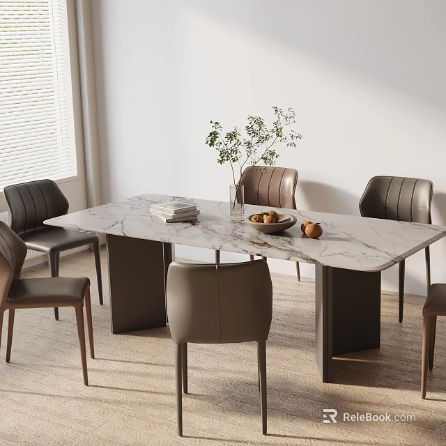Rectangular Marble Top Dining Table Set With Brown Chairs Green Plant Books And Fruits 3d model 