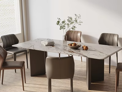 Rectangular Marble Top Dining Table Set With Brown Chairs Green Plant Books And Fruits 3d model