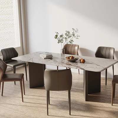 Rectangular Marble Top Dining Table Set With Brown Chairs Green Plant Books And Fruits 3d model