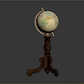 Vintage Globe With Wooden Tripod Stand And Detailed Map Surface