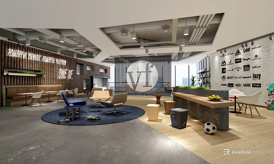 Modern Tea Room Interior Design With Blue Rug Chairs And Soccer Ball 3d model 