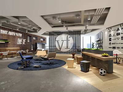 Modern Tea Room Interior Design With Blue Rug Chairs And Soccer Ball 3d model