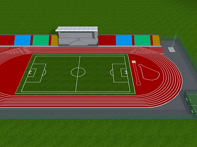 Green Soccer Field with Red Running Track and Colorful Grandstand Seats 3d model