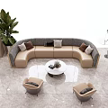 Modern Curved Sofa And Coffee Table Set With Cushions Round Marble Top Green Plant Armchairs