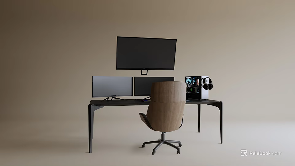 Modern Minimalist Black Desk with Dual Monitors and Wooden Office Chair 3d model 