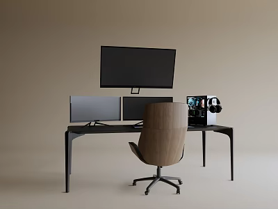 Modern Minimalist Black Desk with Dual Monitors and Wooden Office Chair 3d model