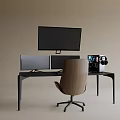 Modern Minimalist Black Desk with Dual Monitors and Wooden Office Chair