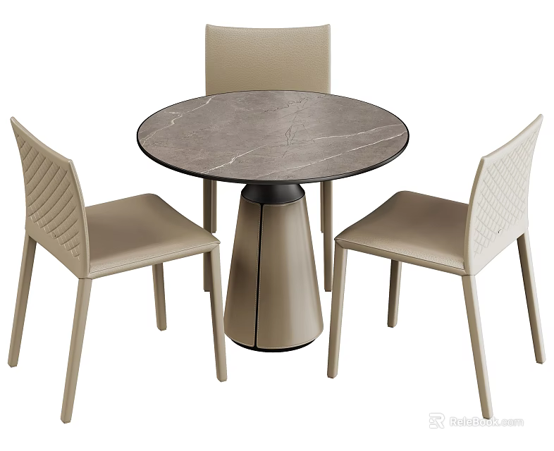 Round Dining Table With Marble Top And Three Light Colored Textured Backrest Chairs 3d model