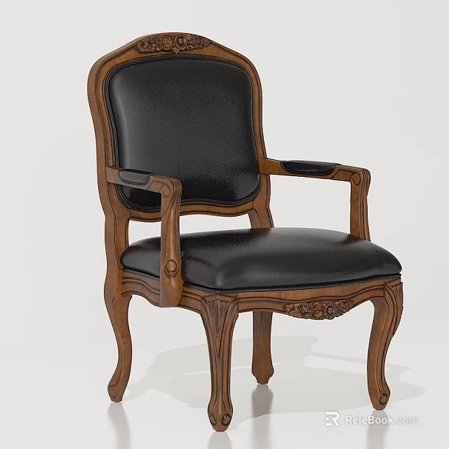 Classic Accent Chair With Wooden Frame Black Leather Cushion Armrest And Carved Details 3d model 