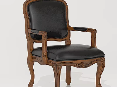 Classic Accent Chair With Wooden Frame Black Leather Cushion Armrest And Carved Details 3d model