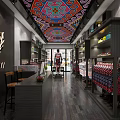 Clothing Store Interior Design With Colorful Patterned Ceiling Shelves Central Display Table And Wooden Flooring