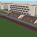 Modern School Buildings with Green Roofs Connected Structures Sports Field Surrounding Trees and Roads