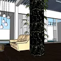 Cozy Lounge Area Interior With Blue Striped Walls Black Marble Columns And Sofa