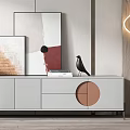 Modern White TV Stand With Circular Drawers Hexagonal Wall Artworks And Decorative Items