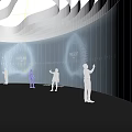 Future Themed Technology Exhibition Hall With Curved White Walls And Visitors Exploring