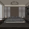 Dark Toned Bedroom Interior With Chandelier Window Blinds Large Bed Wooden Floor And Rug