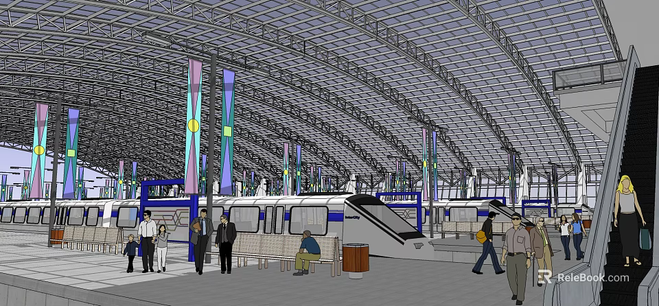 Modern Station Interior With Curved Metal Roof Colorful Columns Escalators And Passengers 3d model 