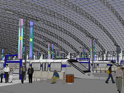 Modern Station Interior With Curved Metal Roof Colorful Columns Escalators And Passengers 3d model