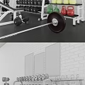 Gym Fitness Equipment Setup with Dumbbells Barbells Weight Bench and Wall Posters