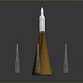 Space Rocket Launch Liftoff With Flaming Exhaust And Support Towers