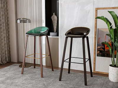 Green and Dark Bar Stools with Wooden Legs in Modern Interior with Carpet and Artwork 3d model