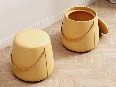 Two Yellow Leather Stools With Carry Handles Simple Design On Wooden Floor 3d model