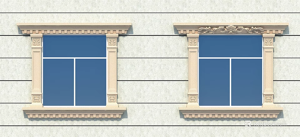 Two Windows With Decorative Frames On Light Colored Exterior Wall Design 3d model