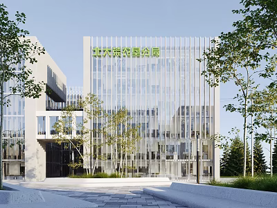 Modern Office Building With Vertical Glass Facade And Surrounding Trees Landscaping 3d model