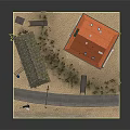 Two Story Building With Red Roof Gray Walls Small Cottage Staircase Sandy Ground And Bushes