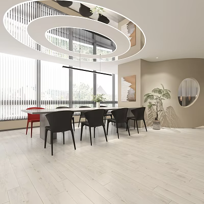 Modern Leisure Area Interior With Round Dining Table Black Chairs Potted Plant And Large Windows 3d model