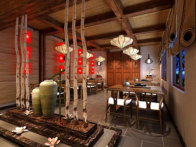 Traditional Chinese Restaurant Interior With Bamboo Decor Red Lanterns Lotus Elements And Wooden Furniture 3d model