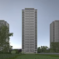 Modern High Rise Residential Building with White Exterior Windows and Surrounding Trees