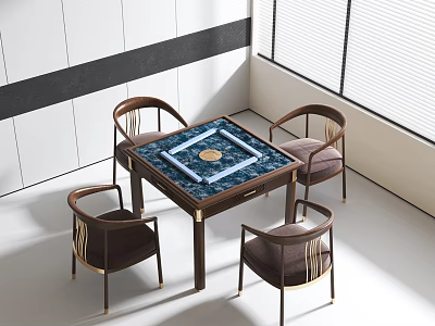 Entertainment Table With Blue Patterned Top And Four Brown Chairs With Metal Accents 3d model