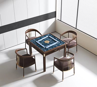 Entertainment Table With Blue Patterned Top And Four Brown Chairs With Metal Accents 3d model