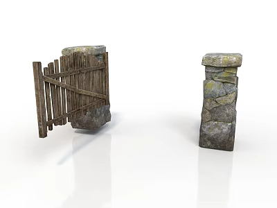 Realistic style stone gate stone gate wooden fence stone pillar stone foundation rural architecture monuments pastoral scenery outdoor structure rough rope moss 3d model