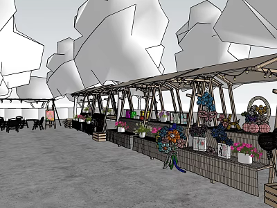 Garden Decor Display With Flower Stalls Various Plants And Canopies In Outdoor Market 3d model
