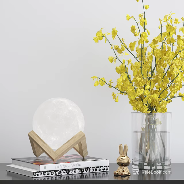 Decorative Ornament Set Featuring White Moon Lamp Wooden Stand Transparent Vase Yellow Flowers Rabbit Figurine 3d model 