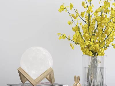 Decorative Ornament Set Featuring White Moon Lamp Wooden Stand Transparent Vase Yellow Flowers Rabbit Figurine 3d model