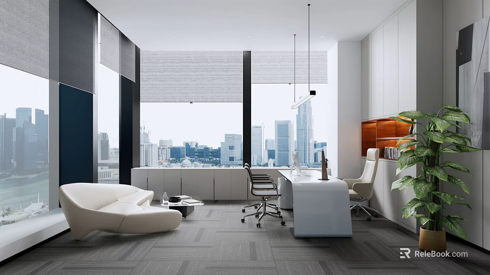 Modern Office Interior With Large Windows City View Work Desk And Sofa 3d model