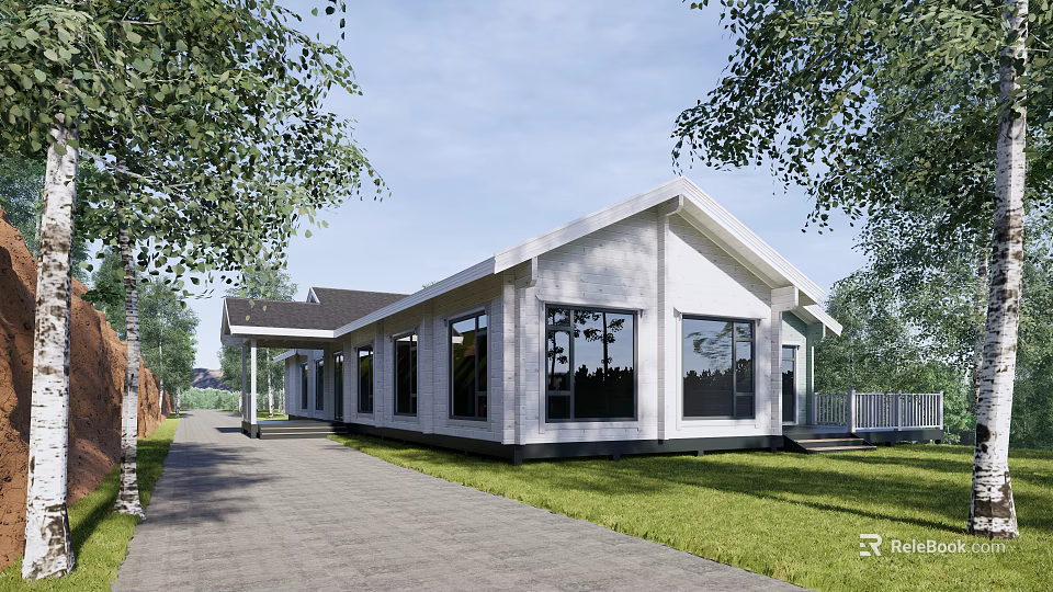 Modern Wooden House Exterior With Large Windows Green Lawn Driveway And Trees 3d model 