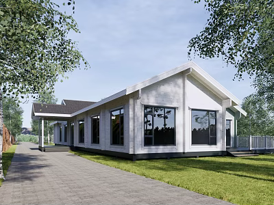 Modern Wooden House Exterior With Large Windows Green Lawn Driveway And Trees 3d model
