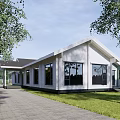 Modern Wooden House Exterior With Large Windows Green Lawn Driveway And Trees