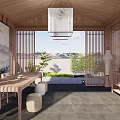 Japanese Style Wooden Pavilion With Slatted Design And Stone Floor Landscape
